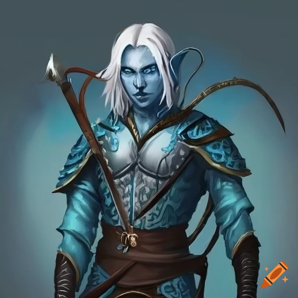 Artwork of a blue-skinned male elf ranger with swords on Craiyon