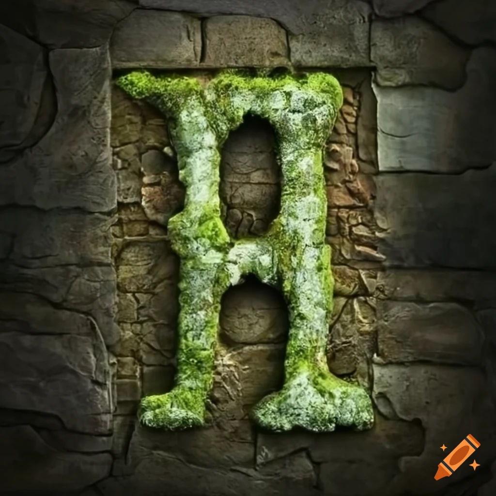 moss-covered steampunk letter A on stone wall