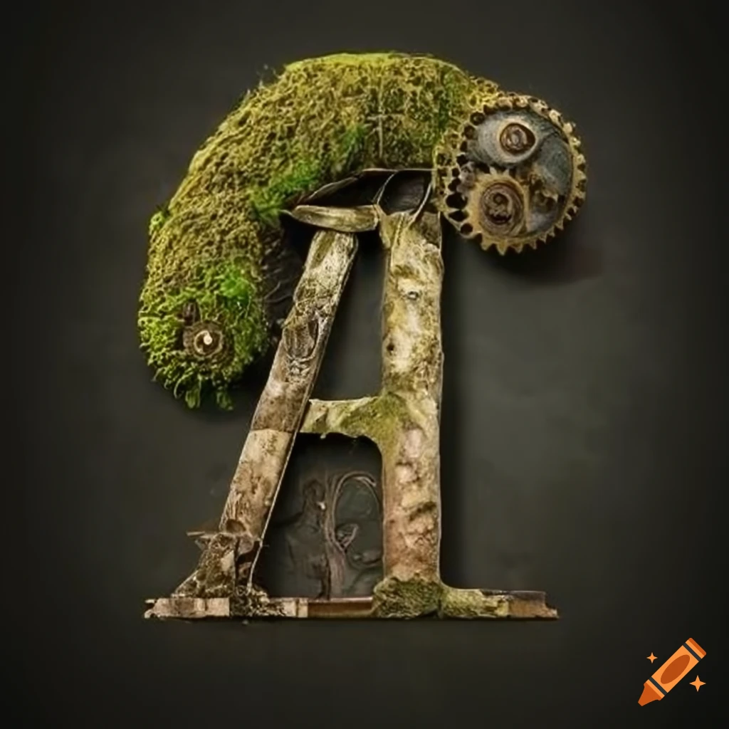 steampunk letter "A" on moss-covered stone