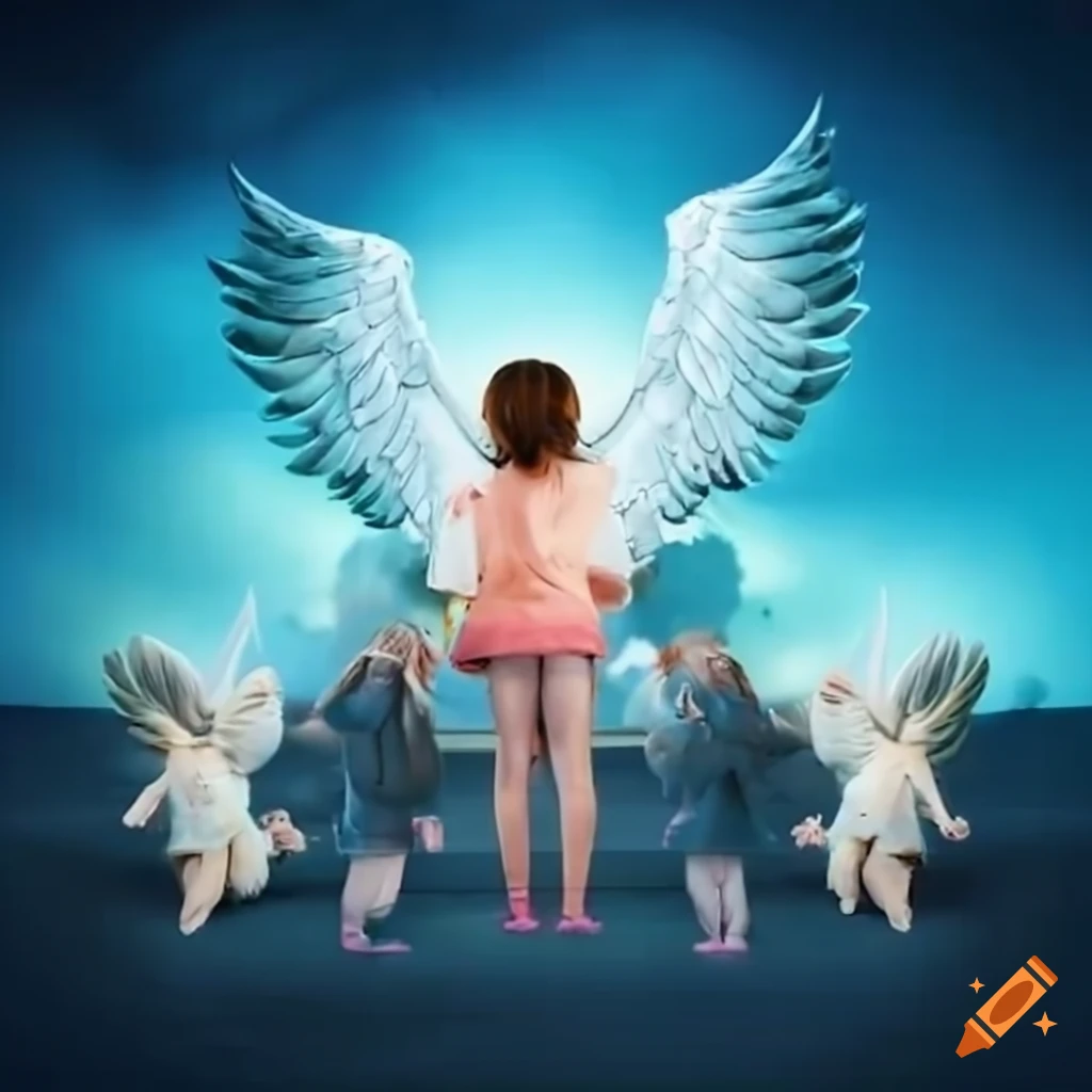 children with wings watching TV in heaven