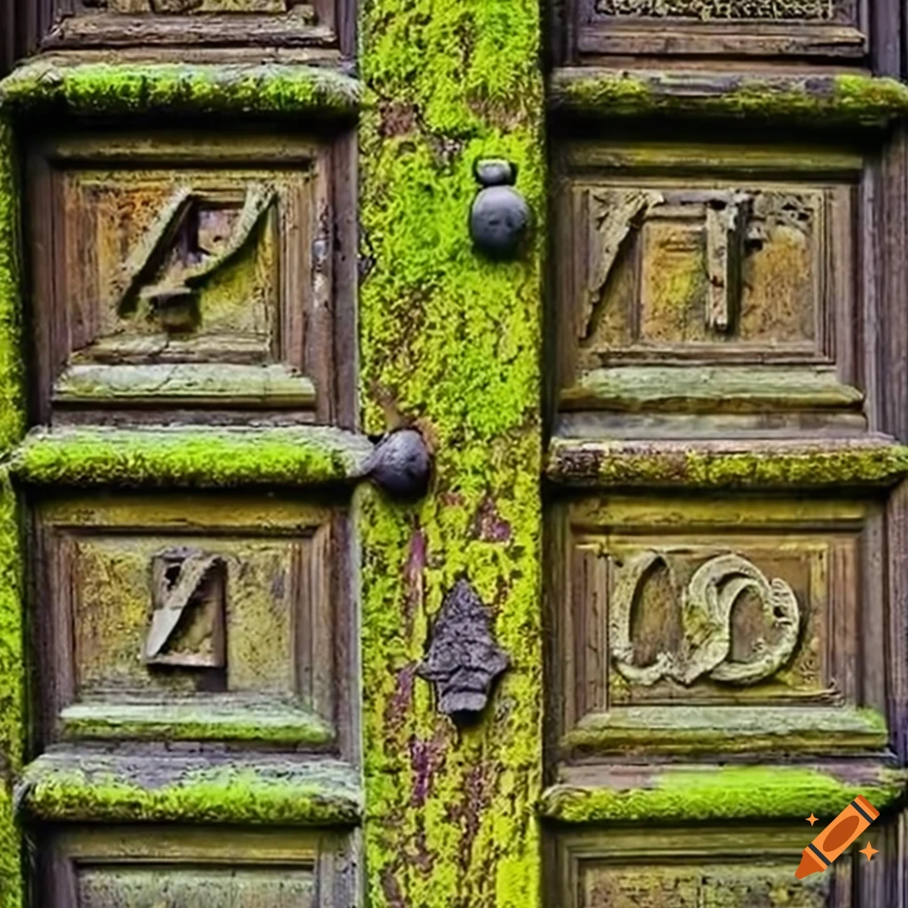 moss-covered old doors with engraved letters