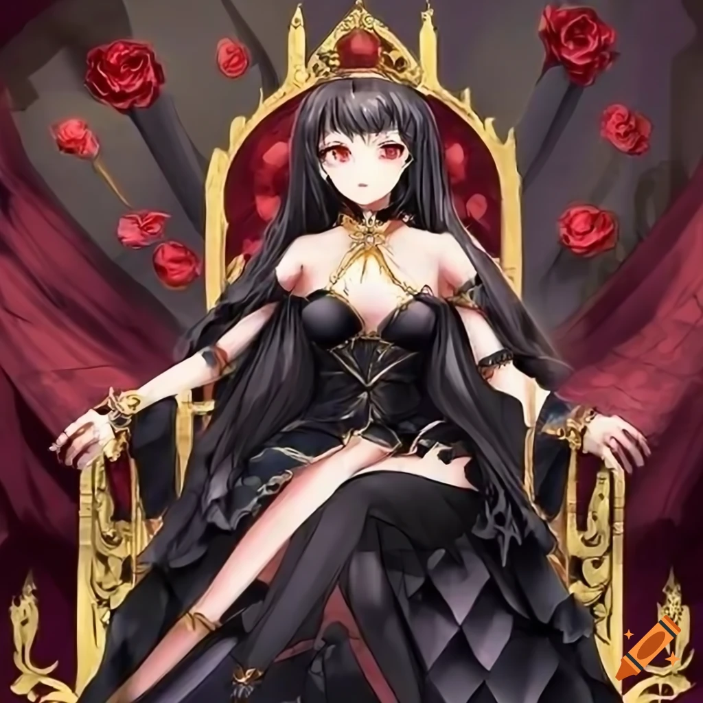 anime queen sitting on a throne with roses