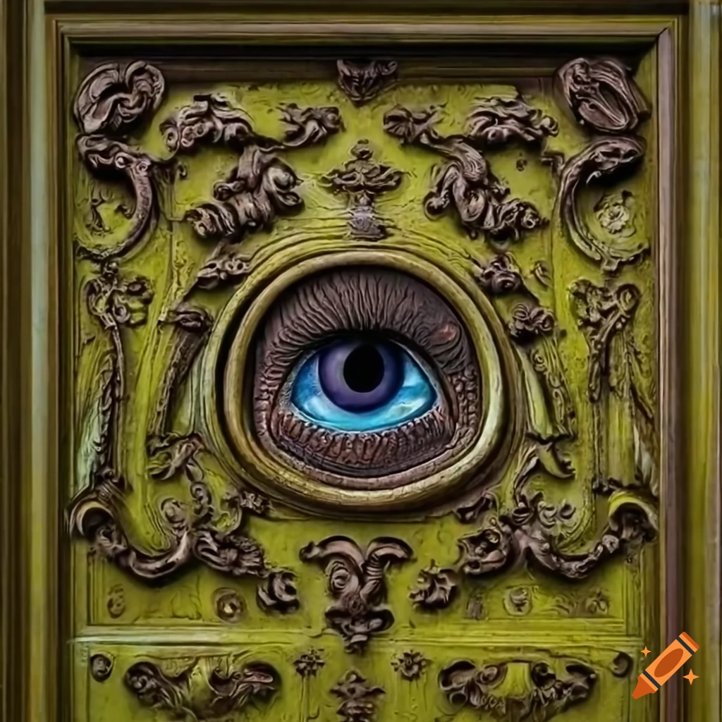 moss-covered baroque door with all-seeing eye symbol