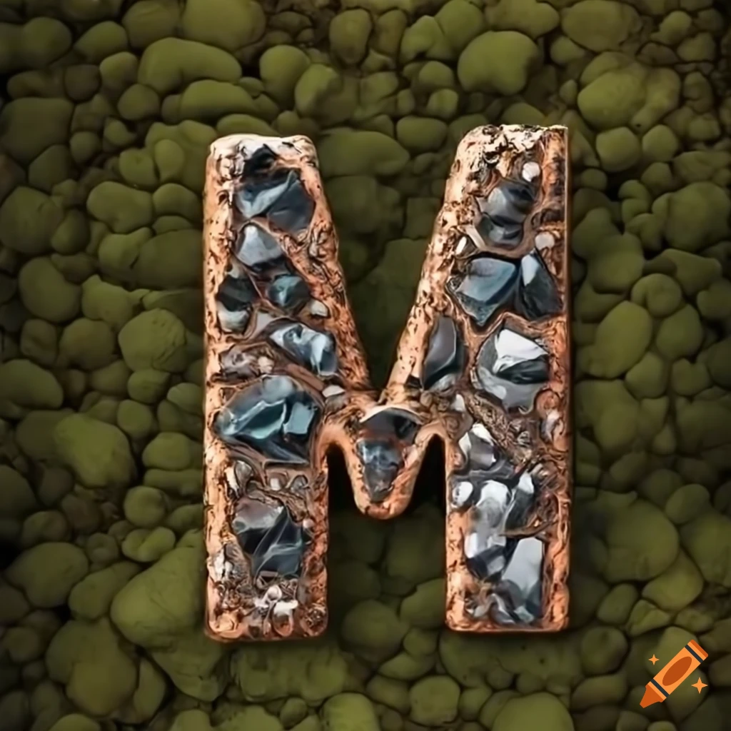 3D obsidian and copper "M" letter on mossy field