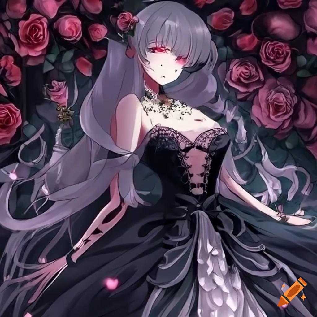 anime queen in a black rose-filled gown in a night garden