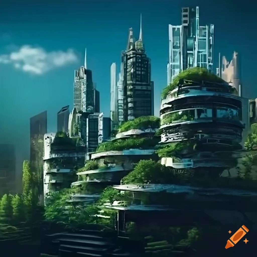 futuristic city with green vegetation