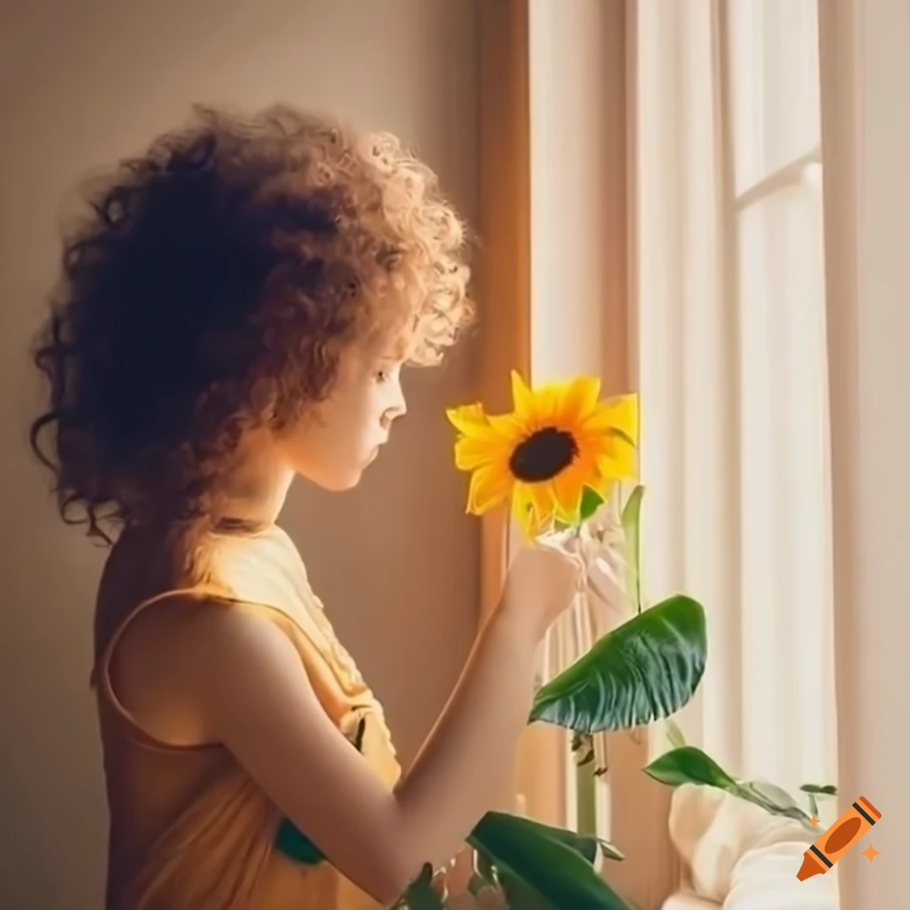 a cozy room with a girl looking at a sunflower
