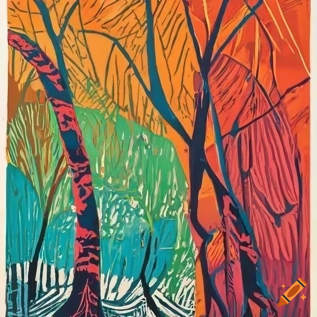 Lino print composition of a colorful rainforest
