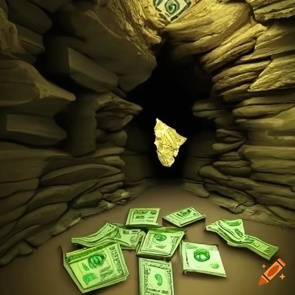 Image of a cave filled with money on Craiyon