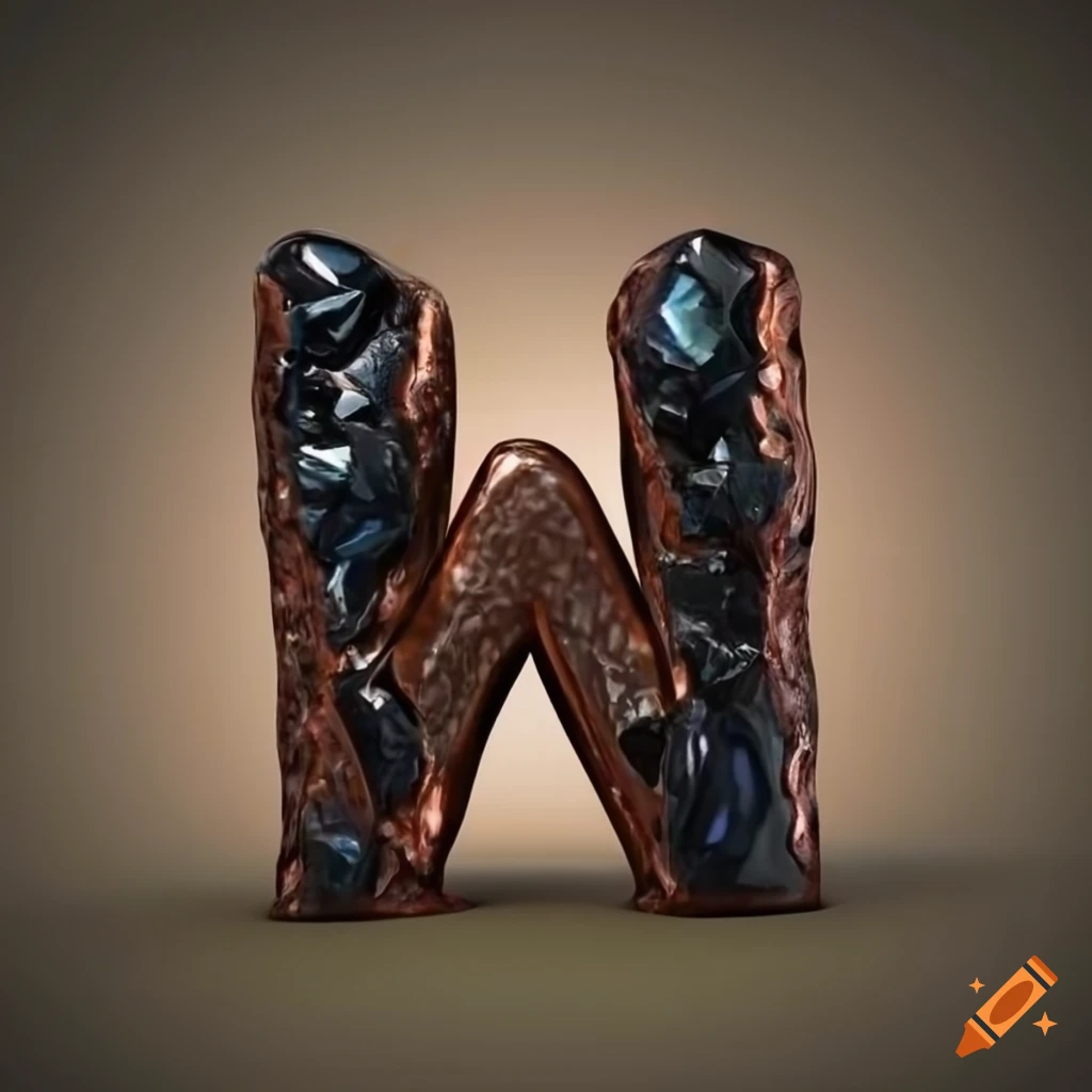 3D obsidian and copper "M" letter on mossy field