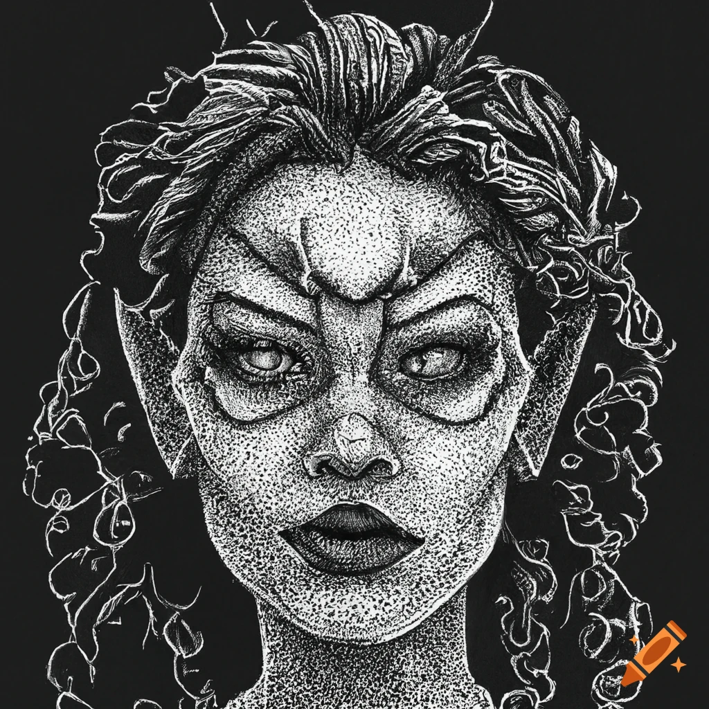 Portrait illustration of a darkling sorceress in homm2