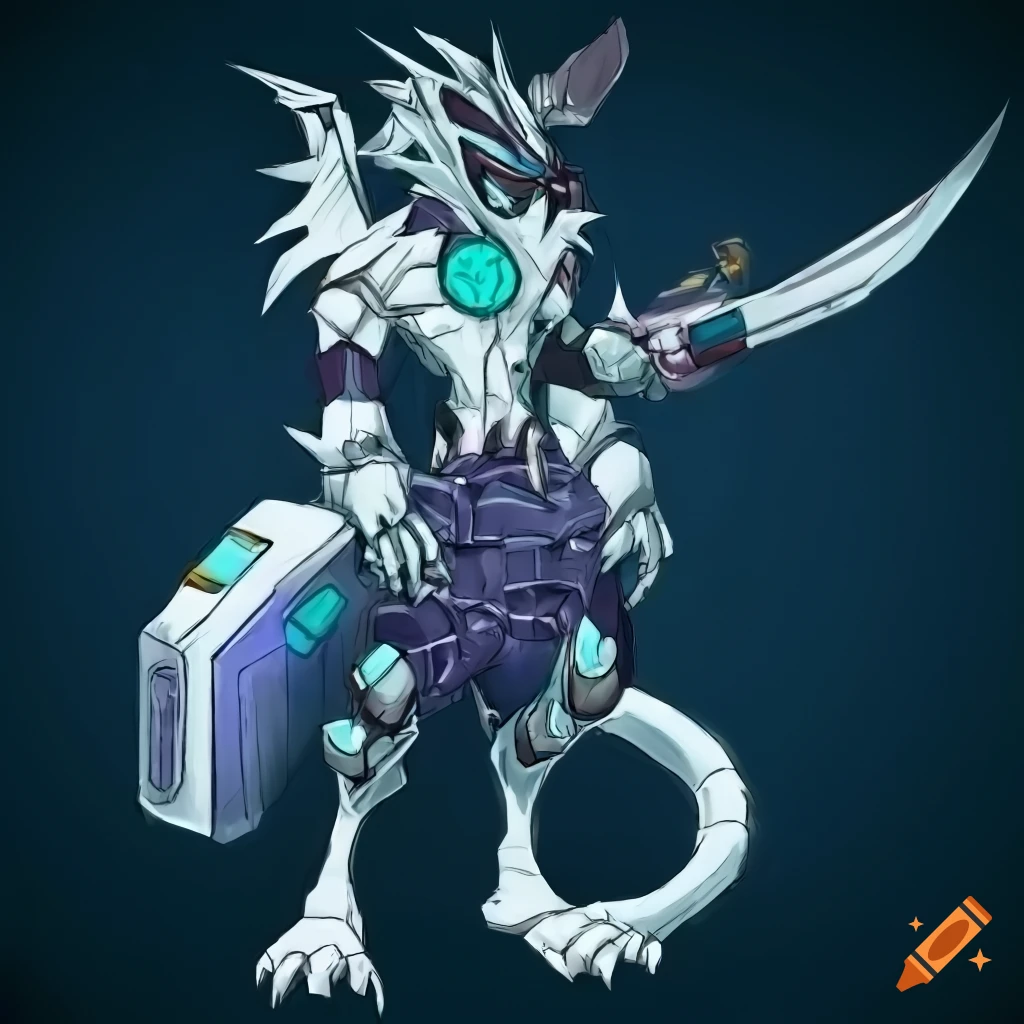 Yu-gi-oh! style artwork of a white anthropomorphic dragon with a ...