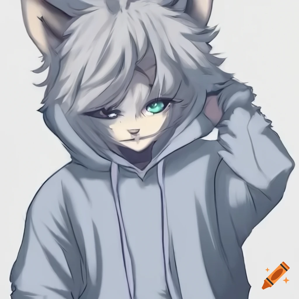 Anime-style drawing of a white furry in a hoodie on Craiyon