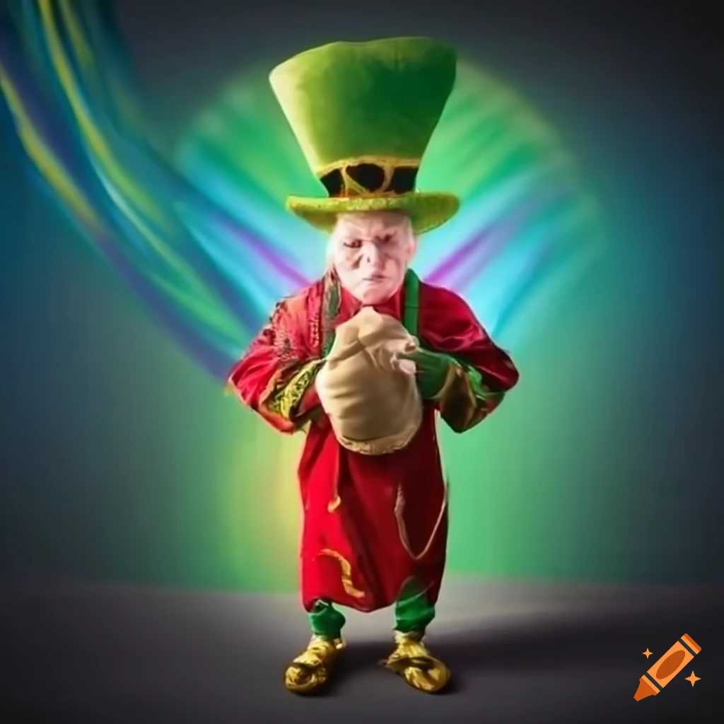leprechaun with money bag and rainbow