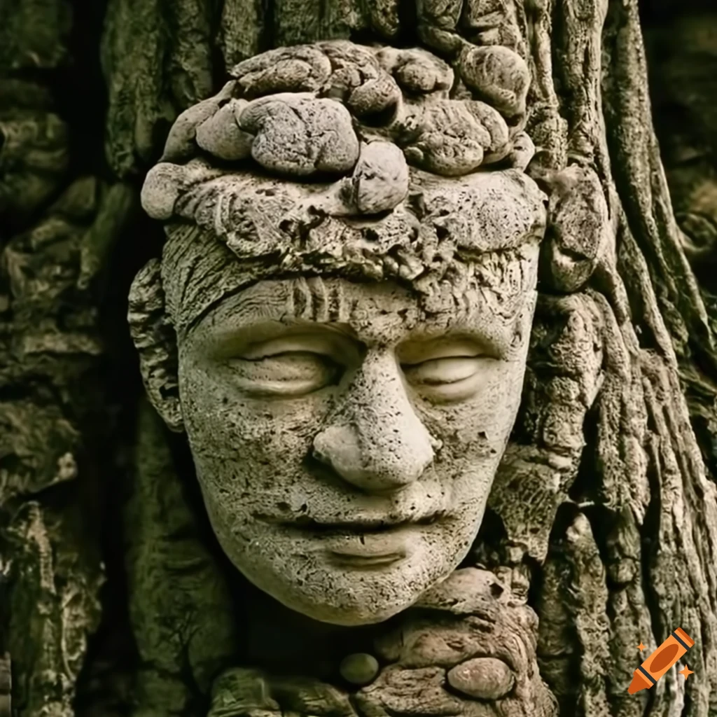 Intricate clay faces on a stone tree sculpture