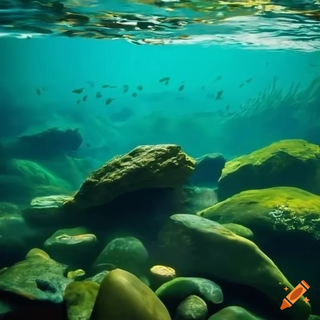 underwater view of a riverbed with rocks and greenery