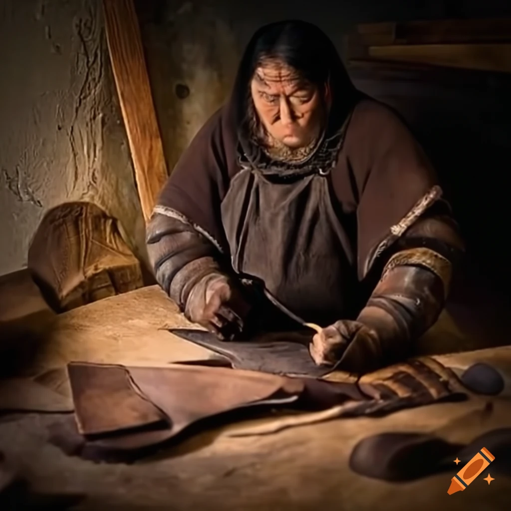 Medieval leatherworker crafting thick leather on Craiyon