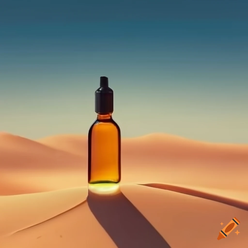 massage oil bottle on desert oasis landscape