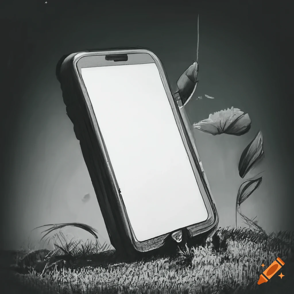pencil sketch of a smartphone dropped on grass
