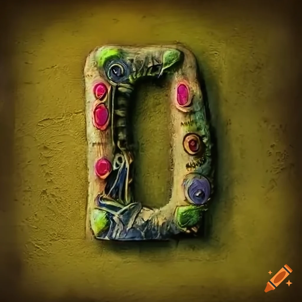 steampunk stone letter 'A' on moss-covered wall
