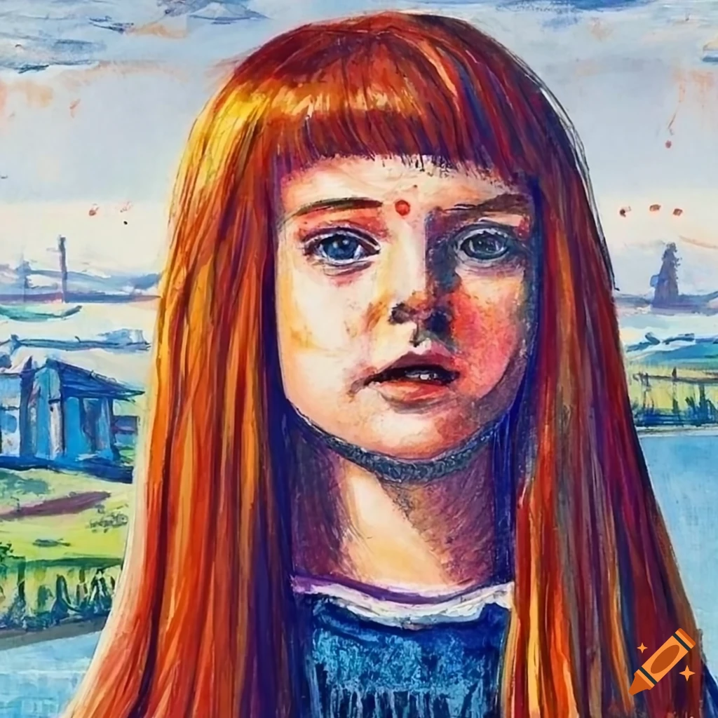 crayon drawing of a young girl with red hair against an industrial landscape
