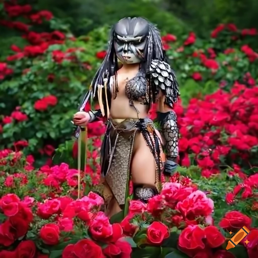 fantasy artwork of a powerful woman in a rose garden