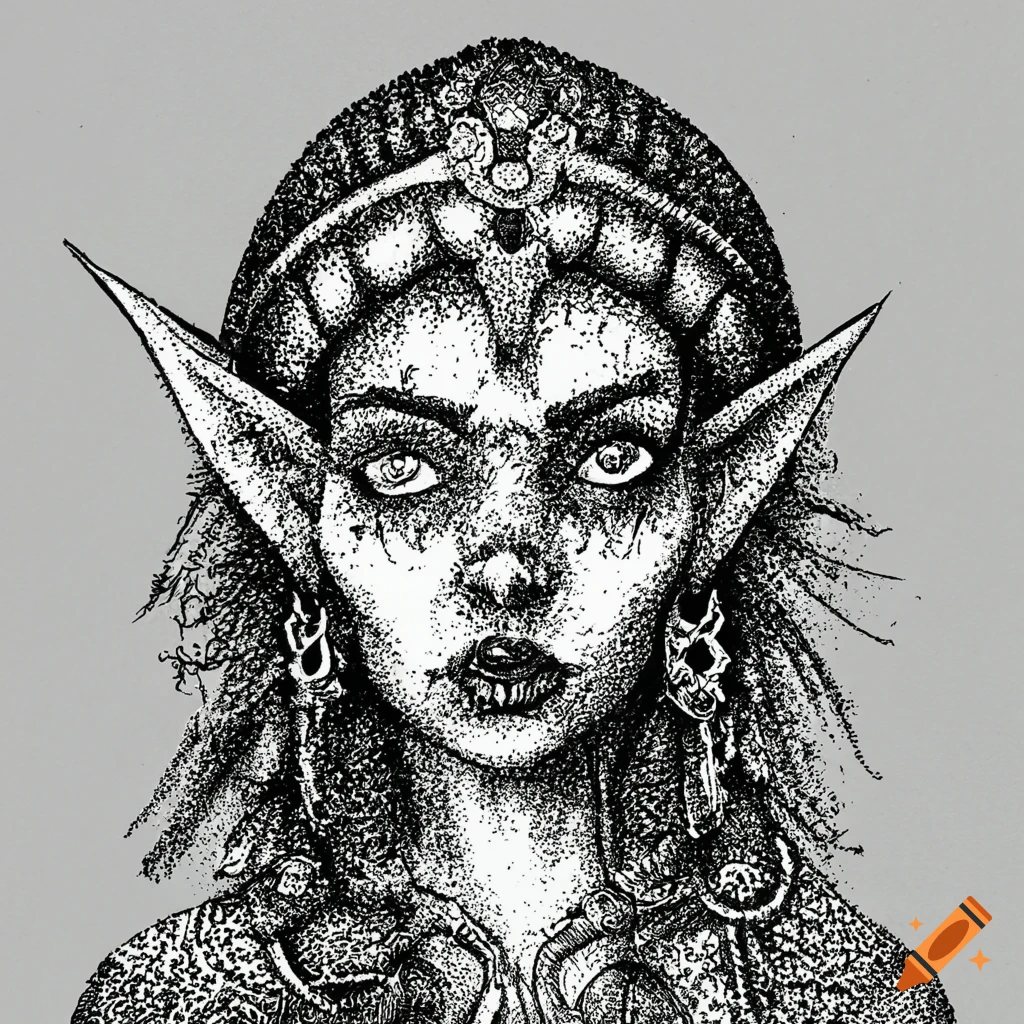 Illustration of female goblin/human hybrid anatomy on Craiyon