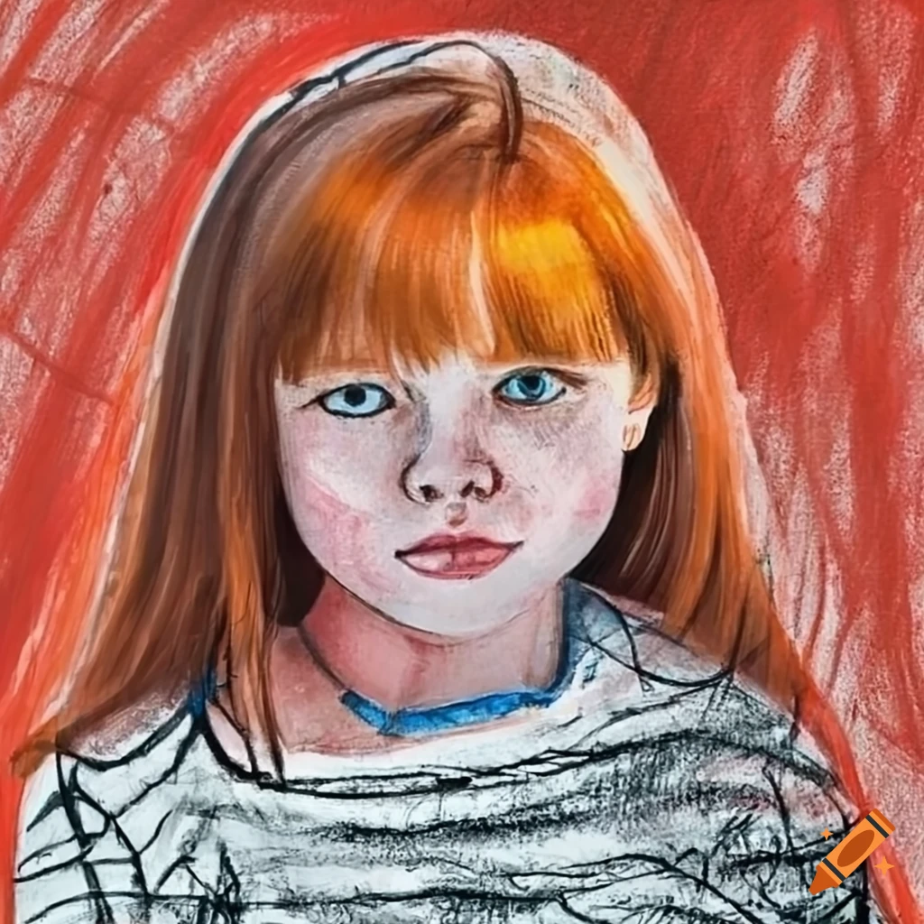crayon portrait of a red-haired girl against an industrial background