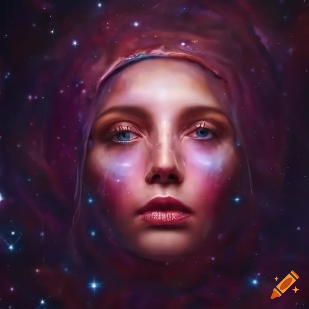 hyperrealistic portrait of a wise woman with nebulae background