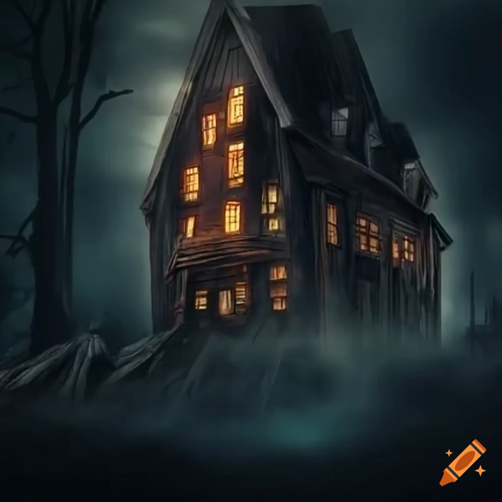 a spooky house in the woods during a storm