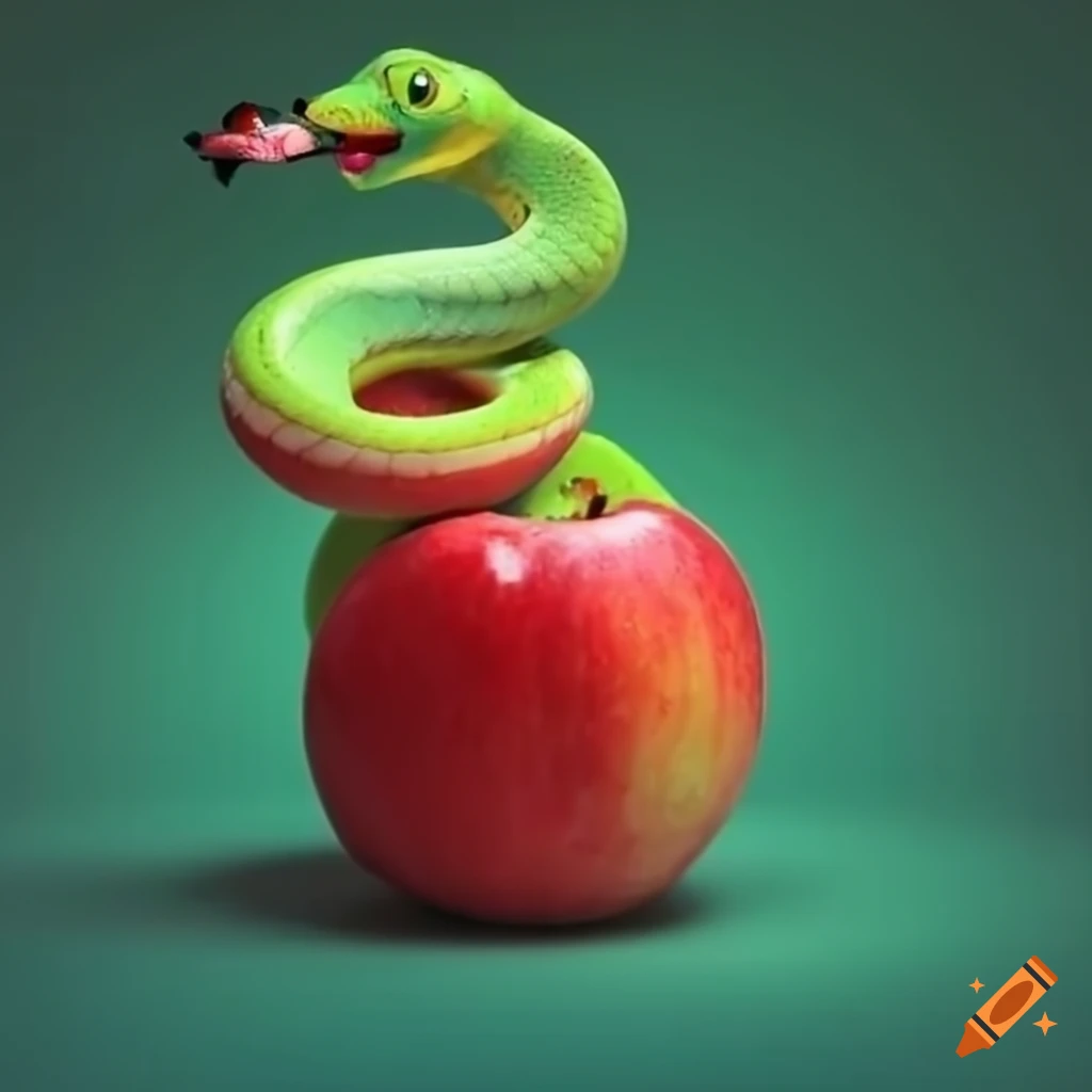 Cute green snake eating red apple