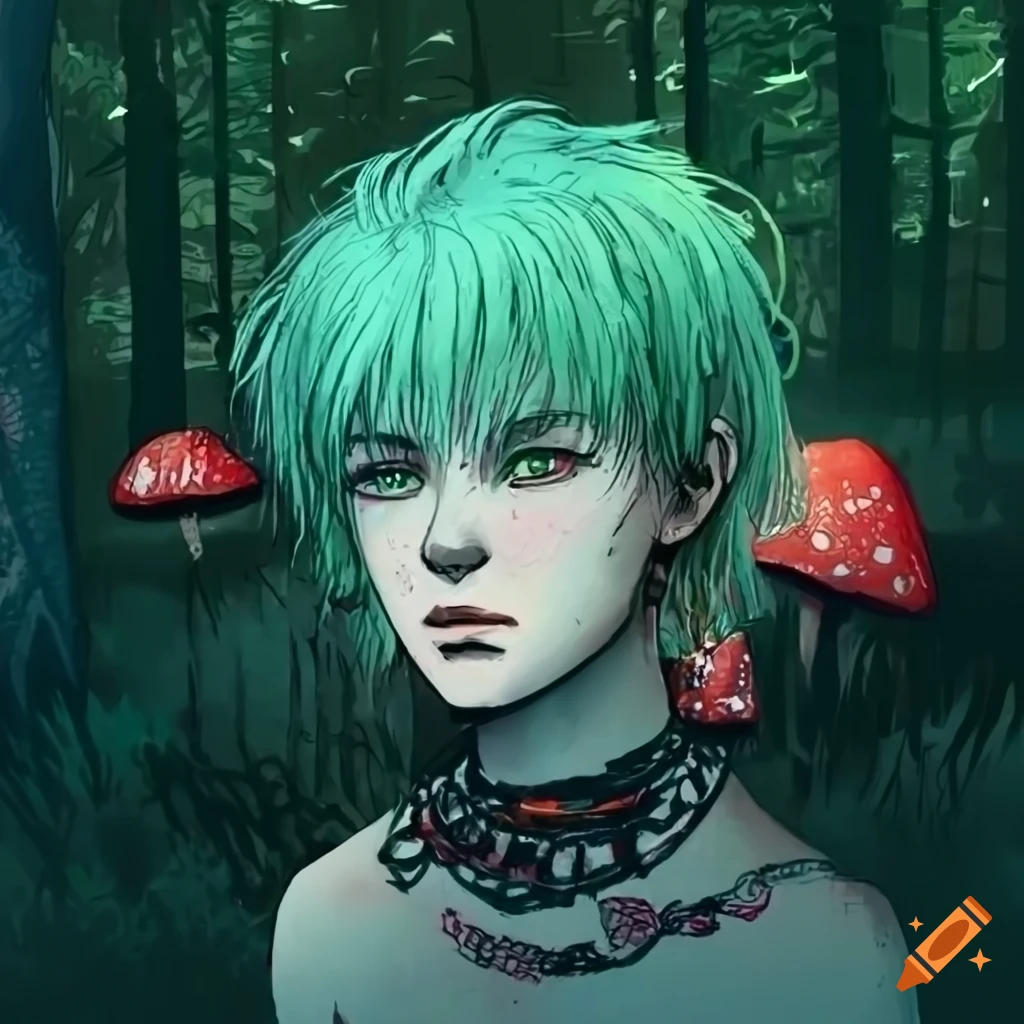 Illustration of non binary person in a forest with mushrooms on craiyon
