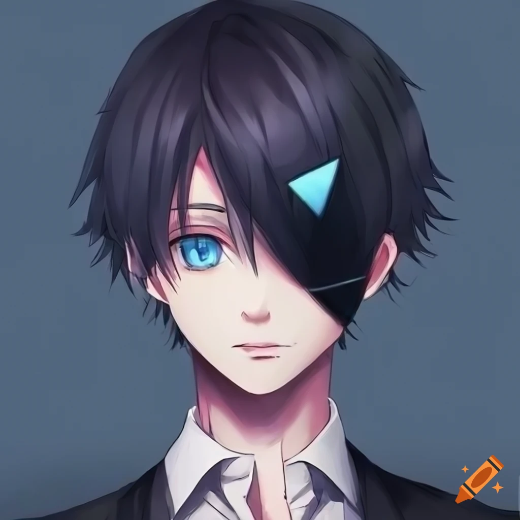 anime boy with black hair, blue eyes, and eyepatch