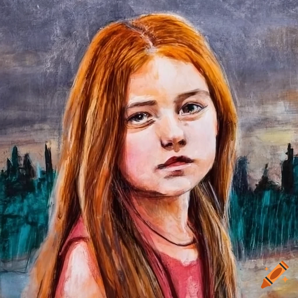 crayon portrait of a red-haired girl against an industrial background