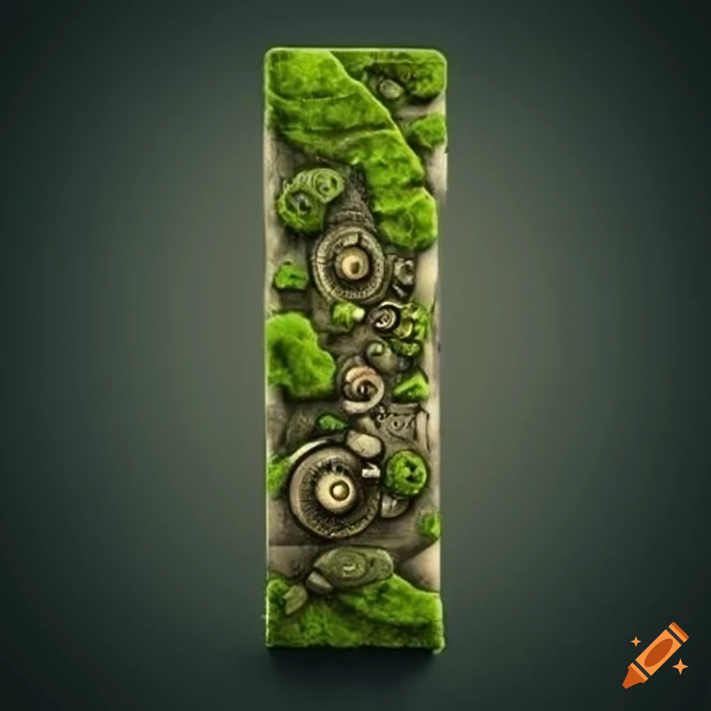 steampunk letter "A" on moss-covered stone wall