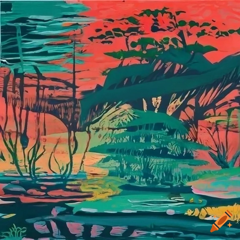 Lino print of a colorful rainforest composition on Craiyon