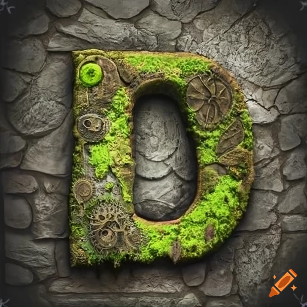 steampunk letter "A" on moss-covered stone