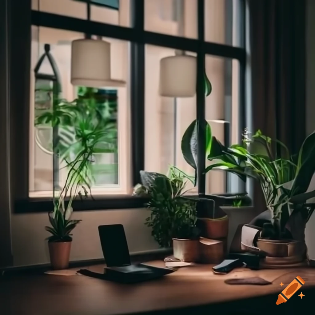 moody home office with plants and ambient lighting