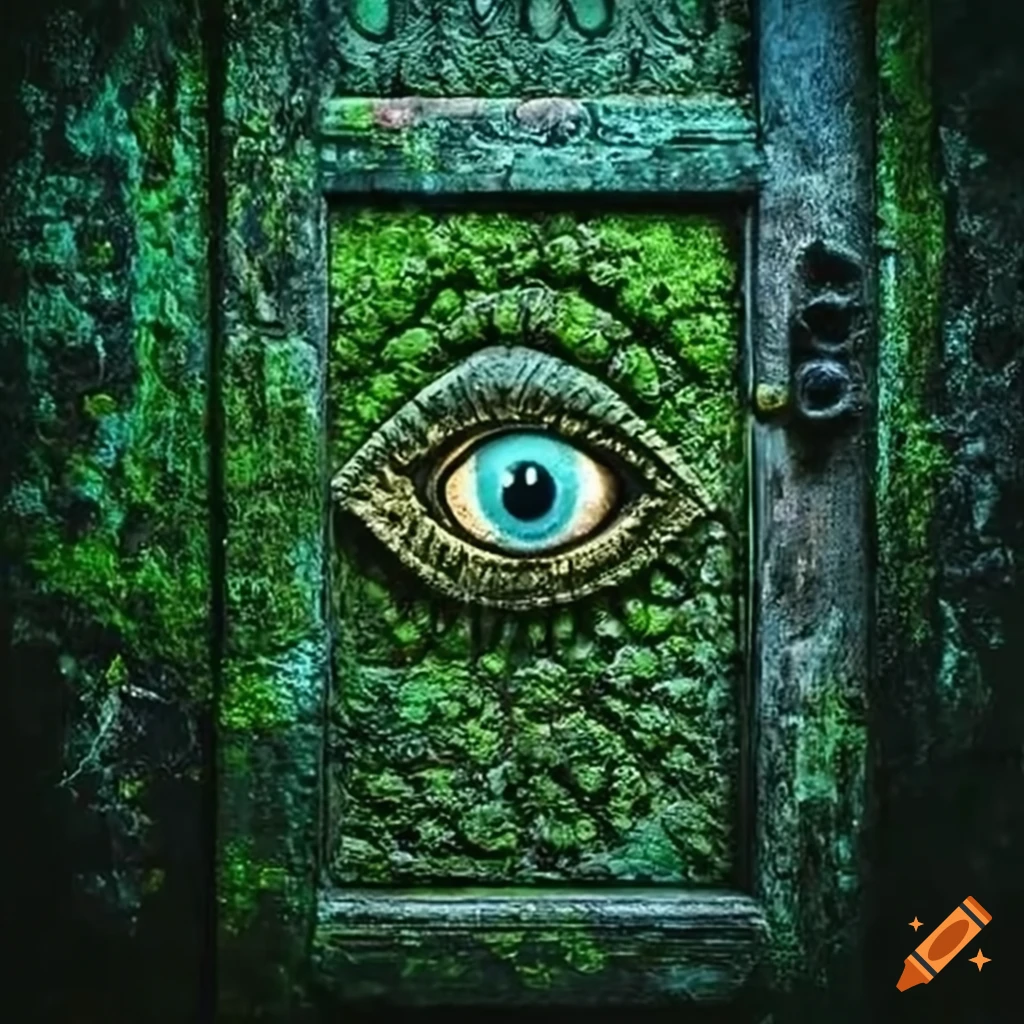 Moss-covered door with the symbol of the all-seeing eye