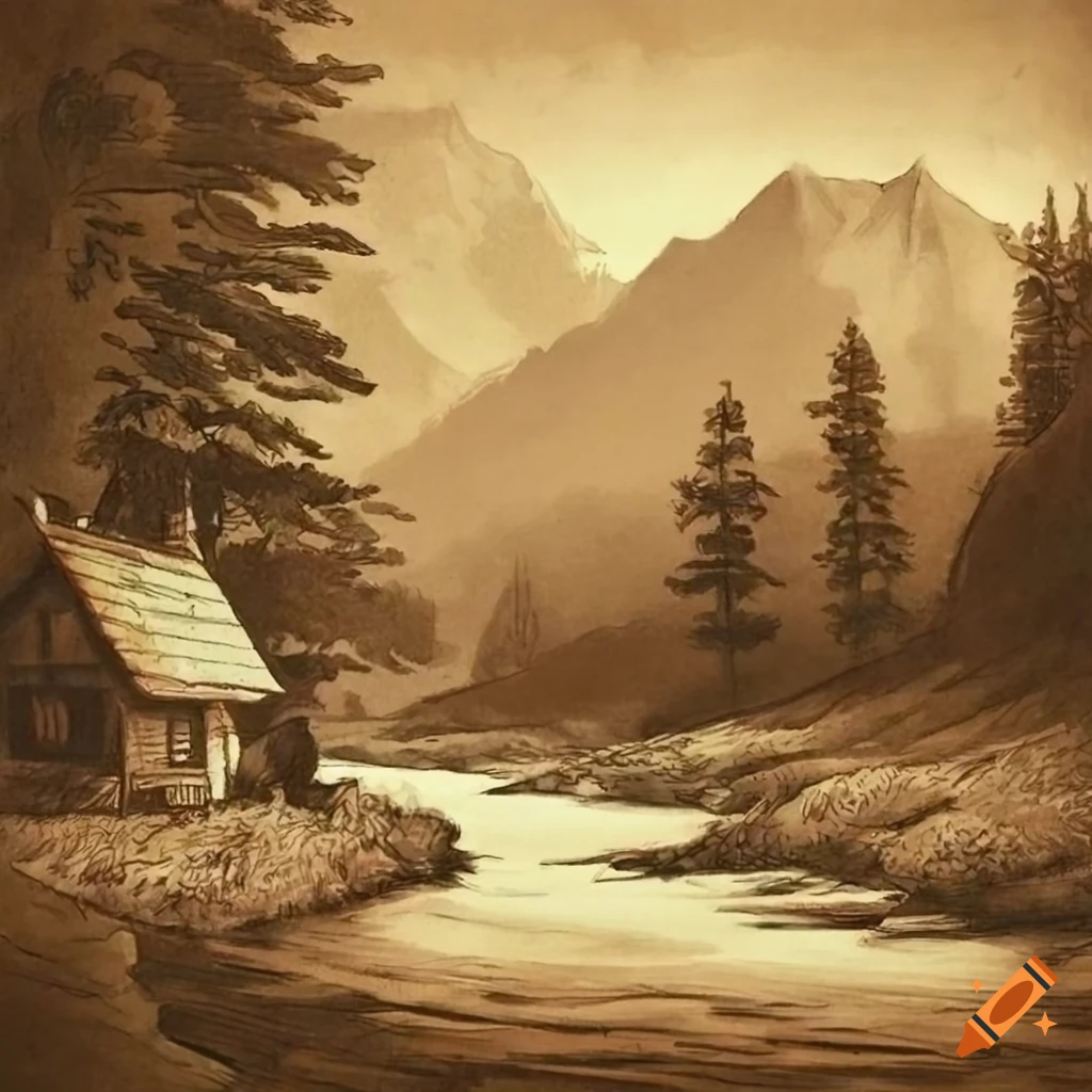 sepia pencil drawing of a house near a forest and river