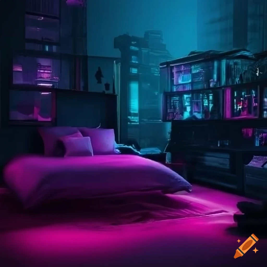 Moody cyberpunk bedroom