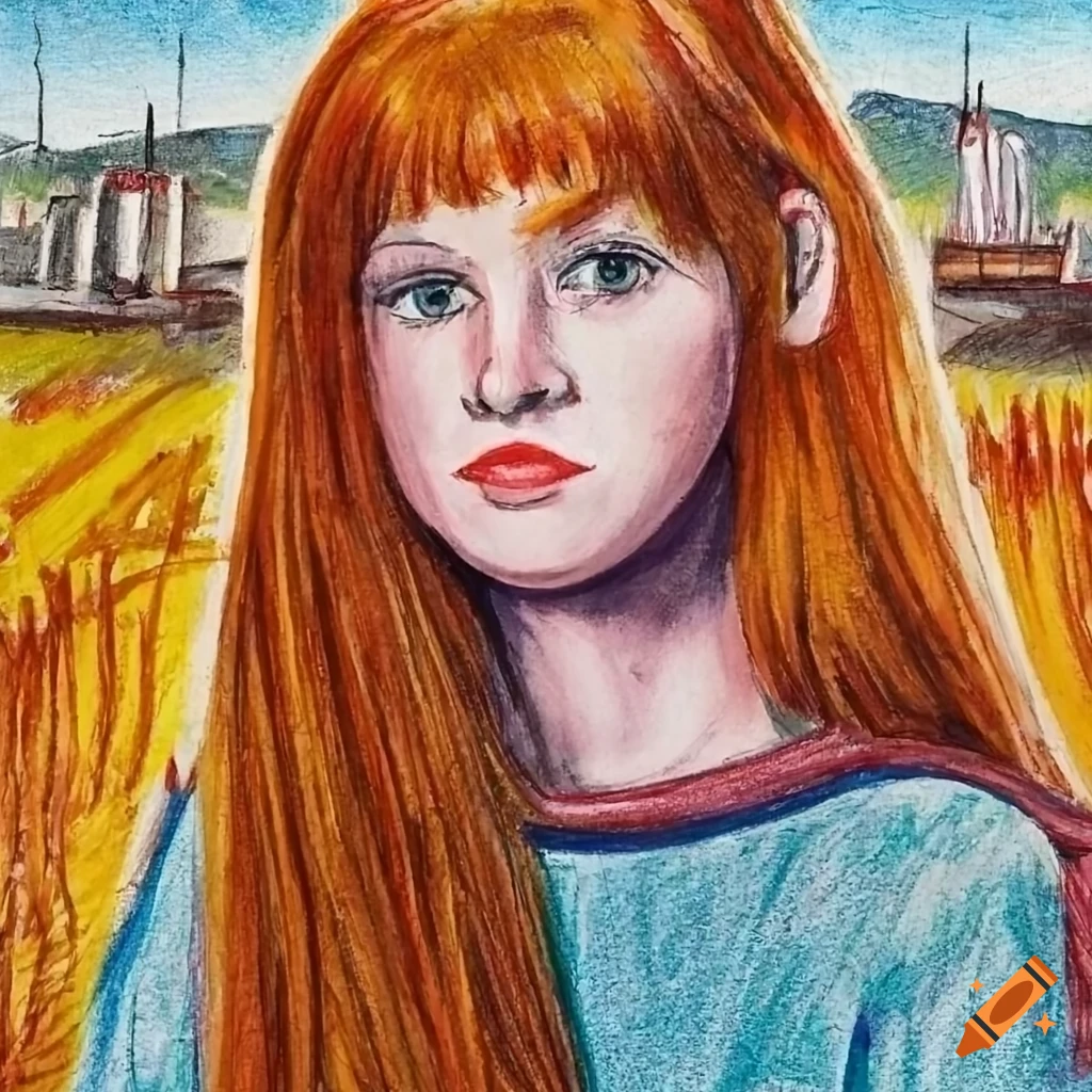 crayon drawing of a young girl with red hair against an industrial landscape