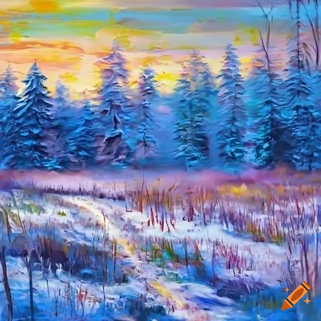 snow-covered meadow with distant forest