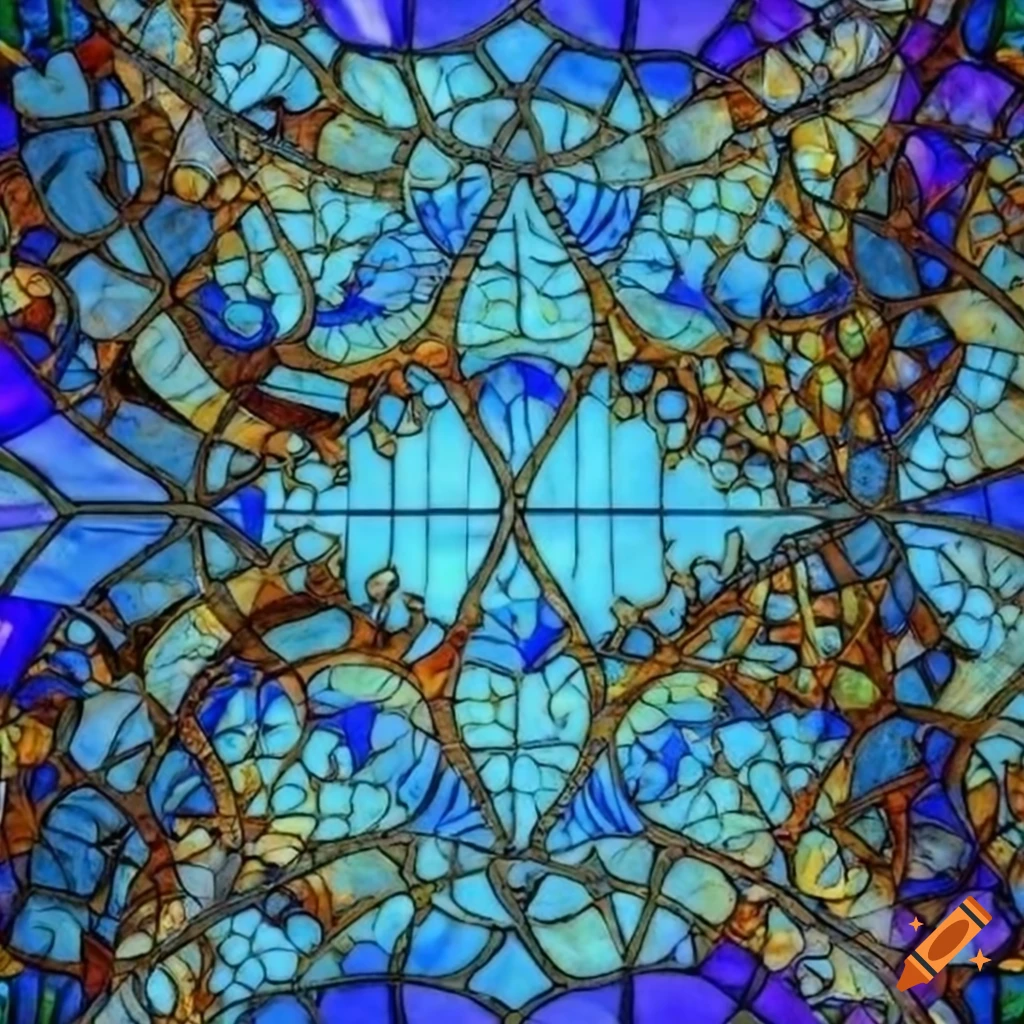 Blue stained glass artwork in max ernst style
