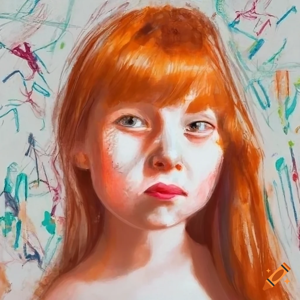 crayon portrait of a red-haired girl against an industrial background