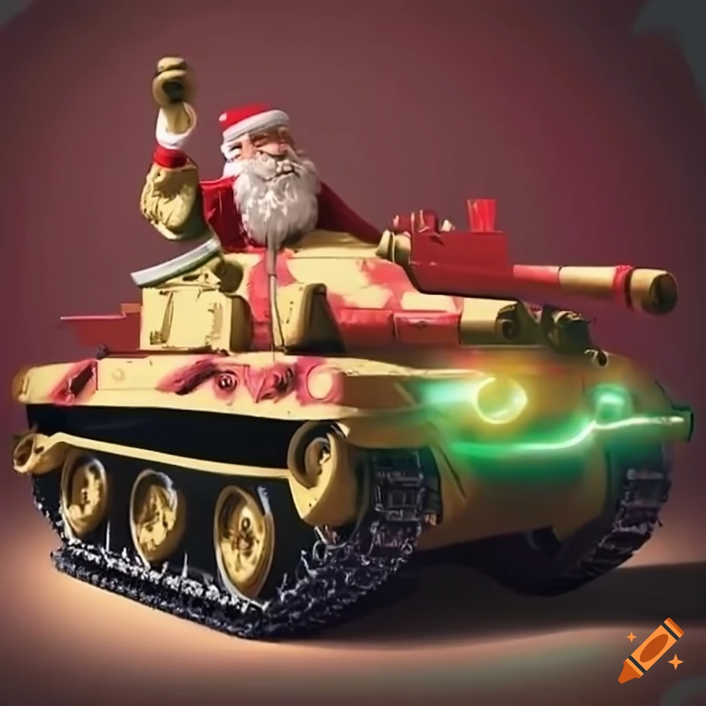 Christmas goblin driving a festive military tank on Craiyon