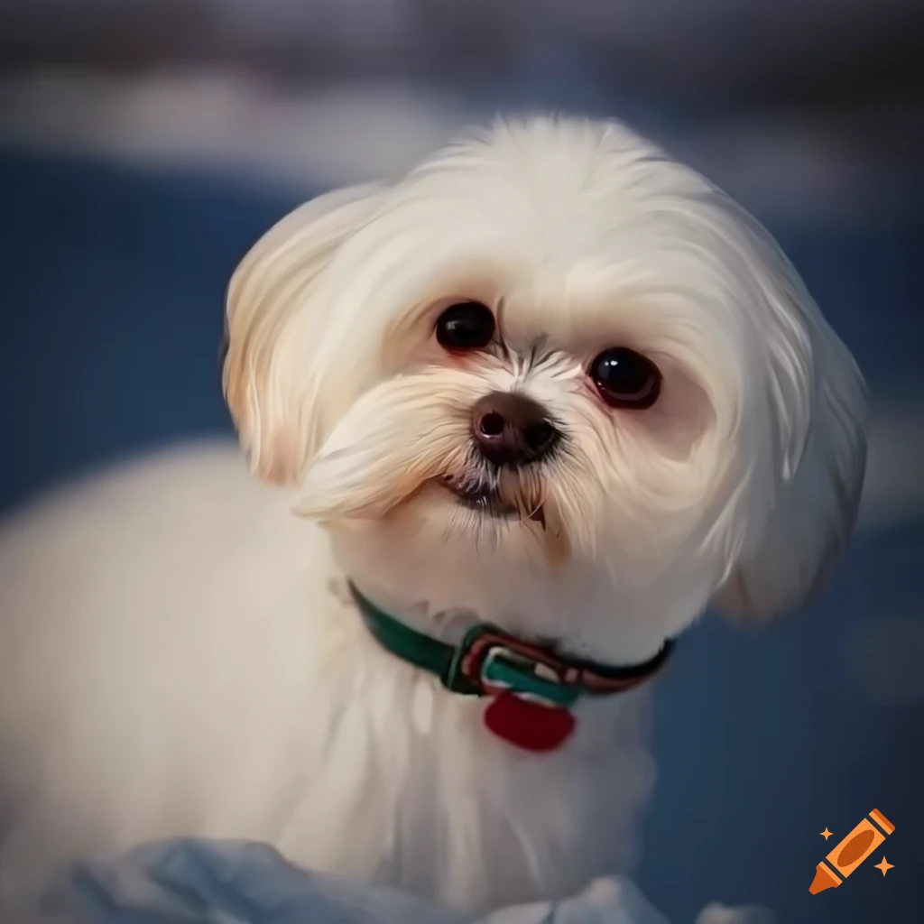 bichon maltes dog named "KALA" walking in a snowy mountain with a sunset in the background