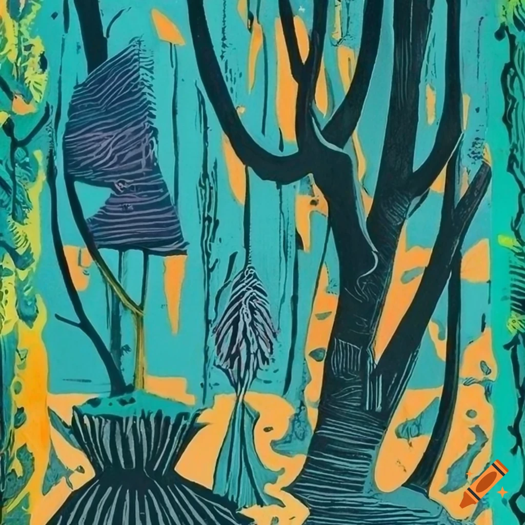 Lino print of a colorful rainforest composition on Craiyon