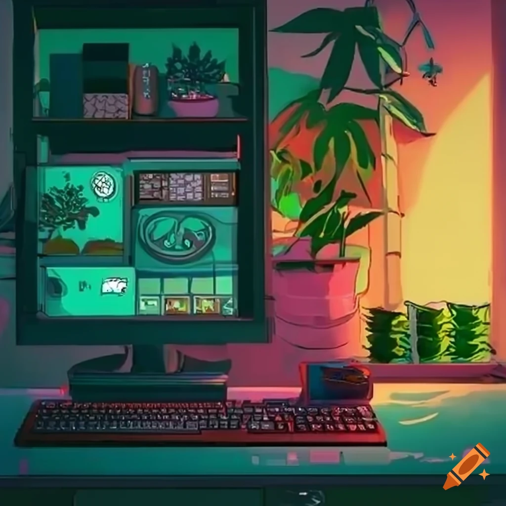 Lofi Computer Desk Lofi computer room with lots of plants on Craiyon
