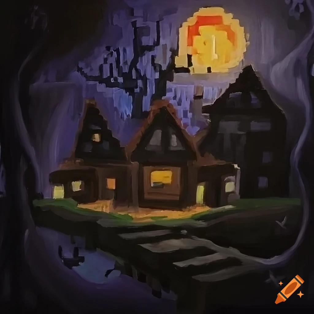 Acrylic painting of trick or treaters in a minecraft village on Craiyon